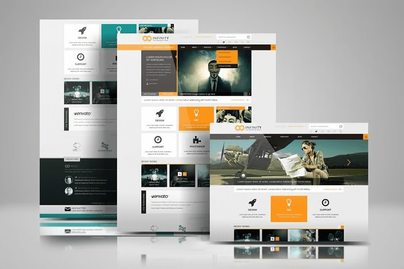 Website design mockups shown on desktop and tablet screens